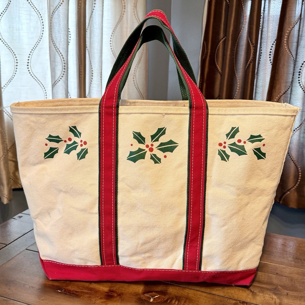 VTG 80s LL Bean Christmas Holly & Berry Holiday Canvas Bag Open Top Boat & Tote - Picture 1 of 8